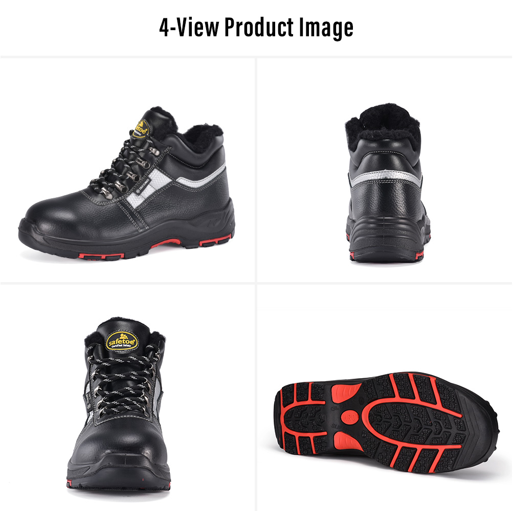 Safetoe M-8027 Insulated Winter Safety Boots – Four Views Immagine in quattro viste degli stivali di sicurezza invernali isolanti Safetoe M-8027 che mostrano le viste laterali, posteriori, anteriori e della suola antiscivolo.