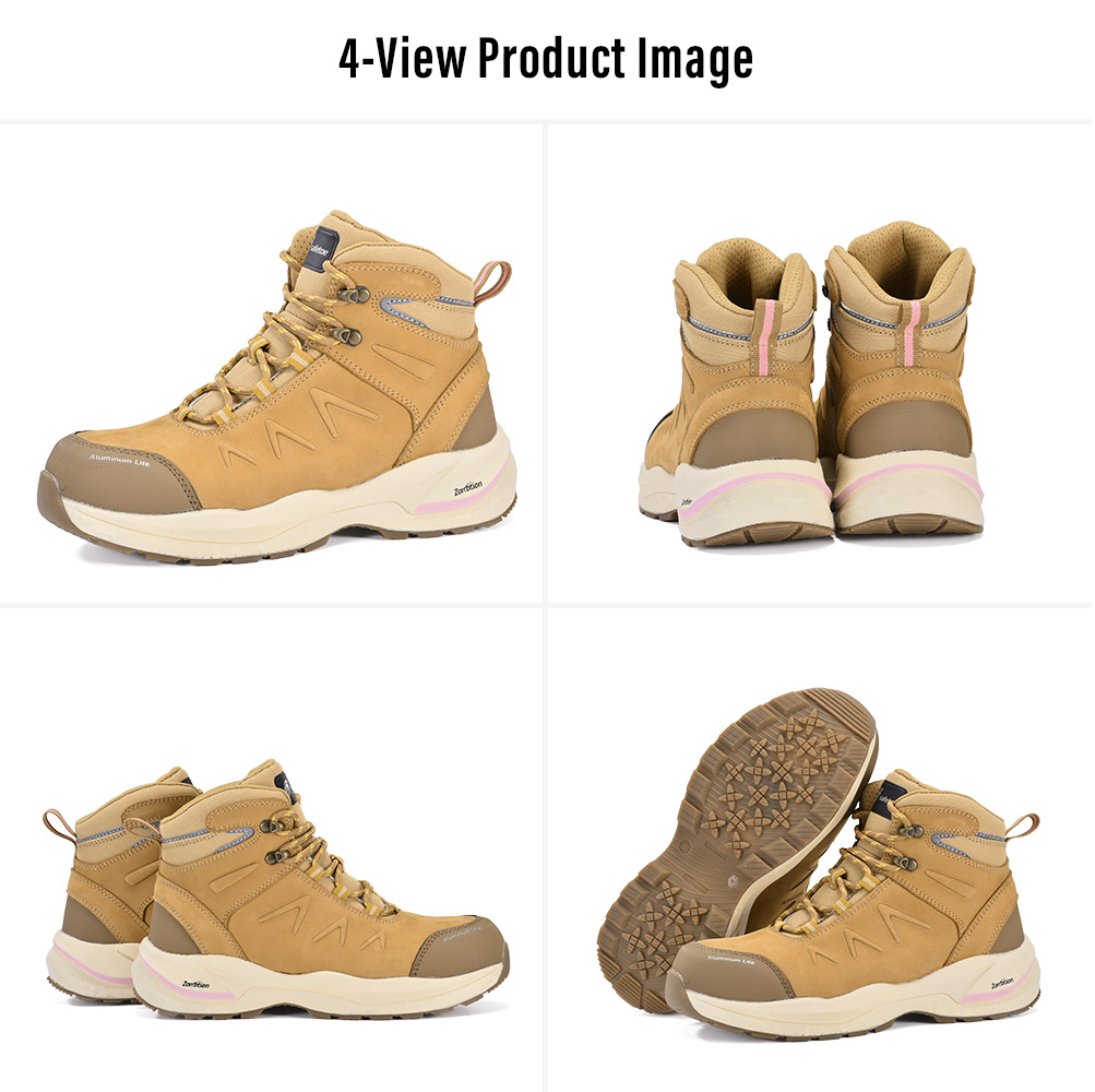 M-8553W Pro Women's Lightweight Lace-Up Safety Boots – Four Views Quattro viste di Safetoe M-8553W Pro stivali antinfortunistici stringati da donna marrone chiaro con punta in alluminio e suola in E-TPU/gomma antiscivolo