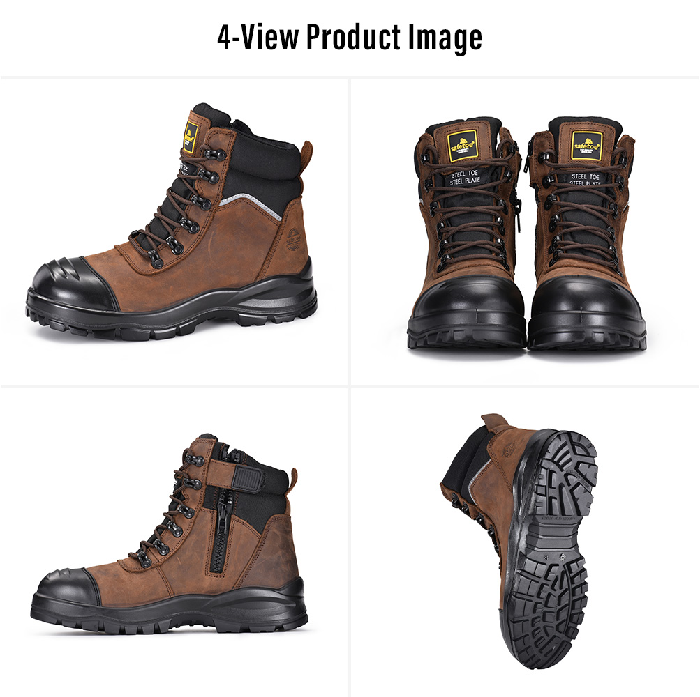 M-8577 Side Zip Safety Boot Views Viste multiple degli stivali di sicurezza industriali M-8577 in pelle marrone con cerniera laterale