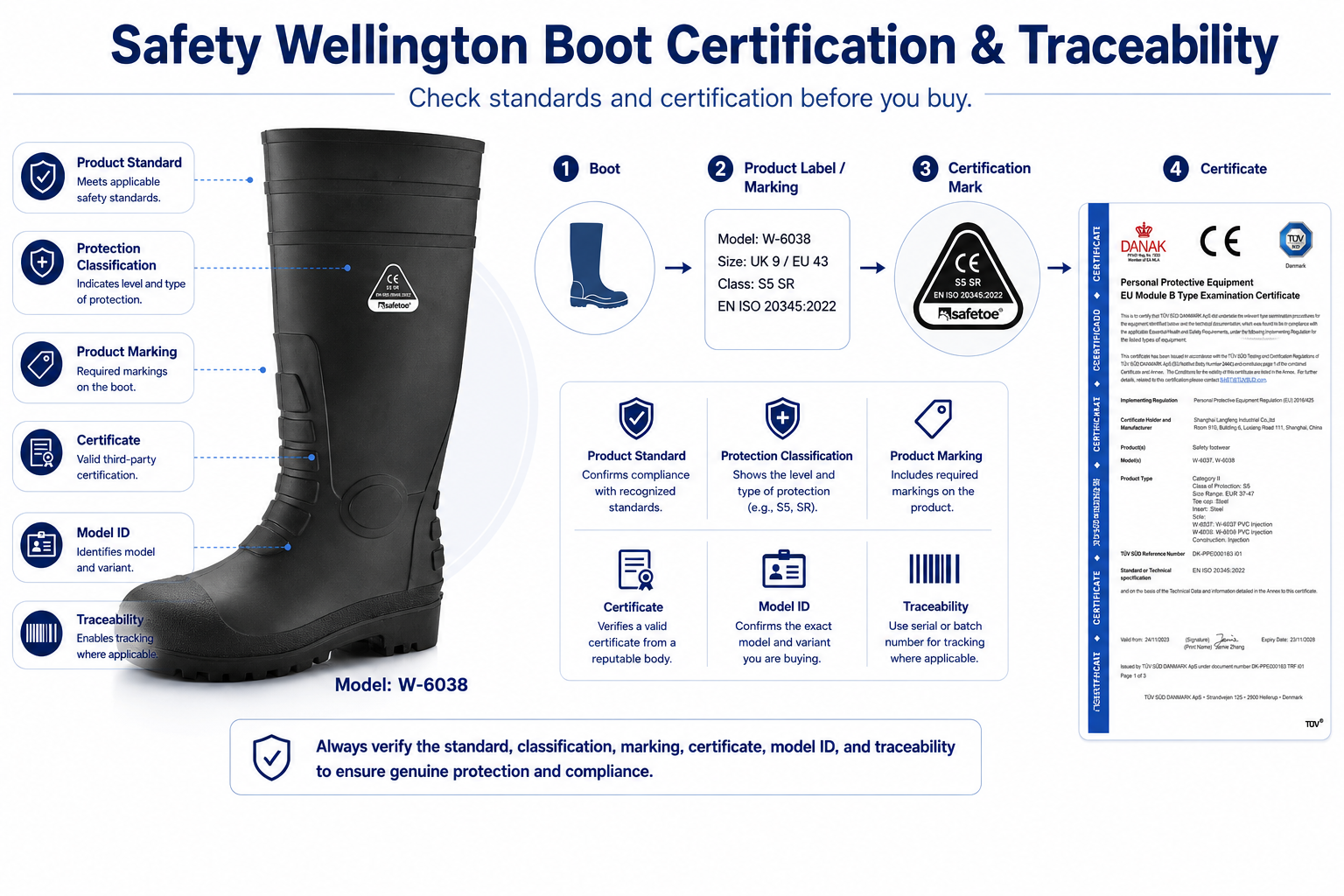 Safety Wellington Boot Certification and Traceability Etichetta di marcatura di certificazione dello stivale Wellington di sicurezza e identificazione del prodotto