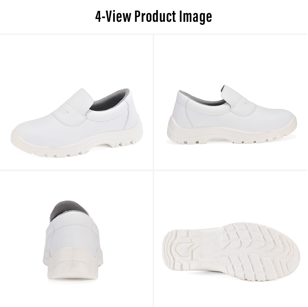 L-7019 White Food Industry Safety Shoes – Four Views Quattro viste delle scarpe antinfortunistiche per l'industria alimentare Safetoe L-7019 in microfibra bianca con punta in acciaio per la lavorazione alimentare e il lavoro in cucina