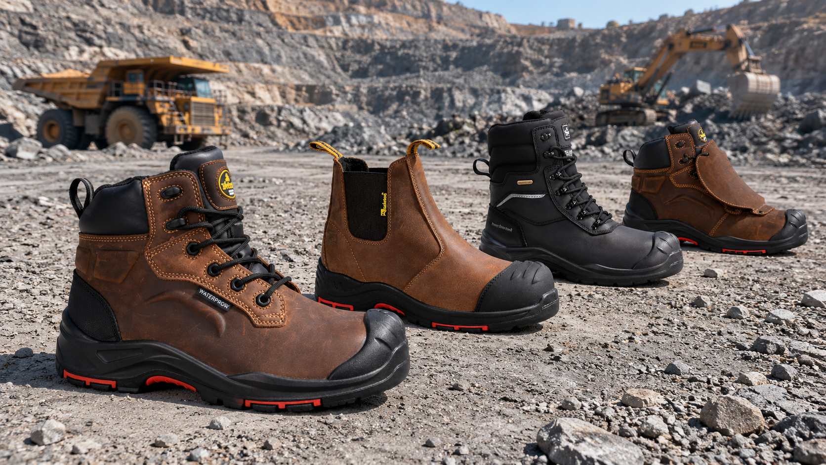 Mining Safety Boots for Open-Pit Operations Quattro stivali di sicurezza da miniera esposti in una cava a cielo aperto con un camion da trasporto ed un escavatore