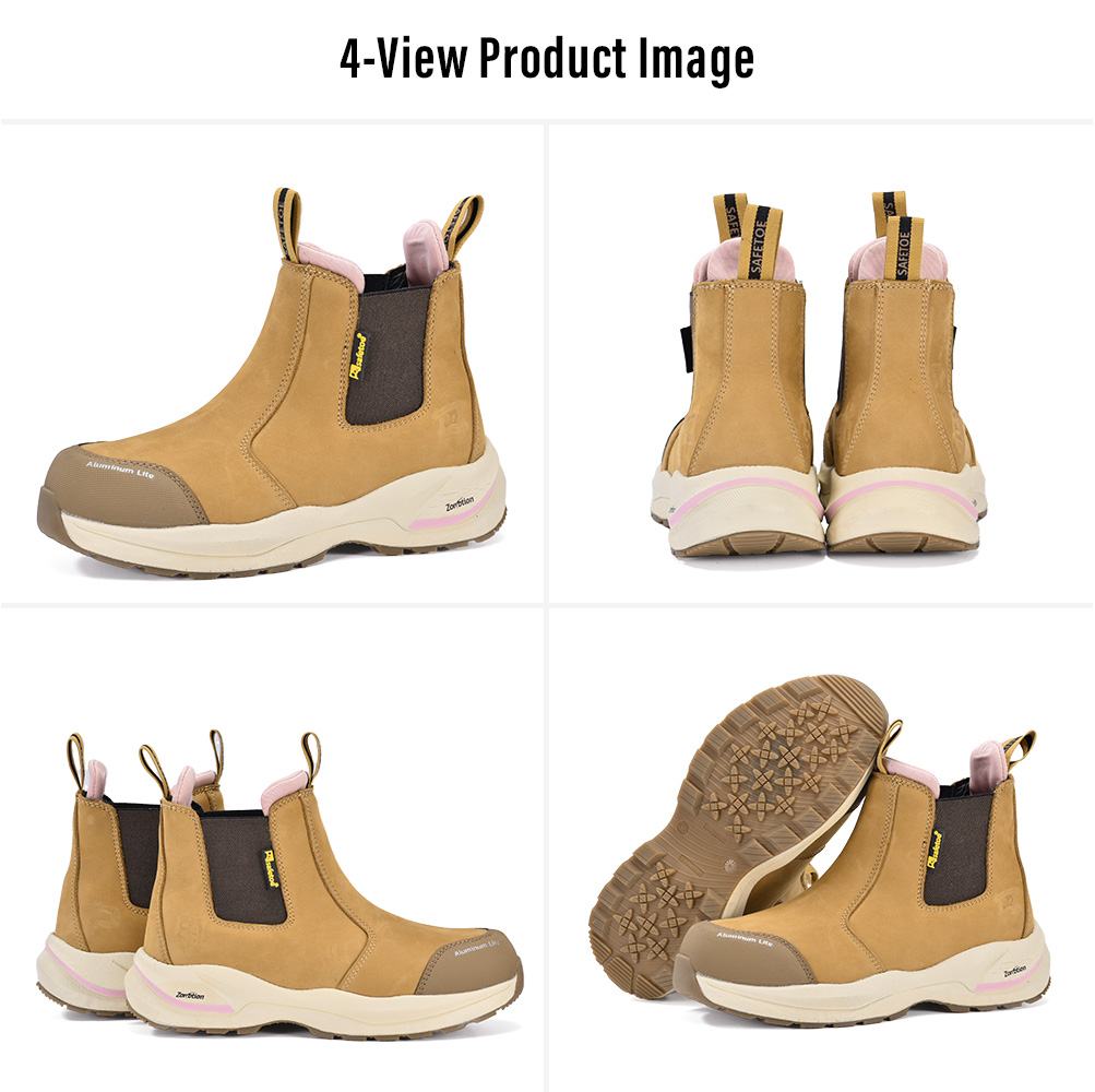 Pro Women's Lightweight Chelsea Safety Boots – Four Views Quattro viste degli stivali antinfortunistici Chelsea da donna marrone chiaro Safetoe con punta in alluminio, pannelli laterali elastici e suola in E-TPU/gomma antiscivolo