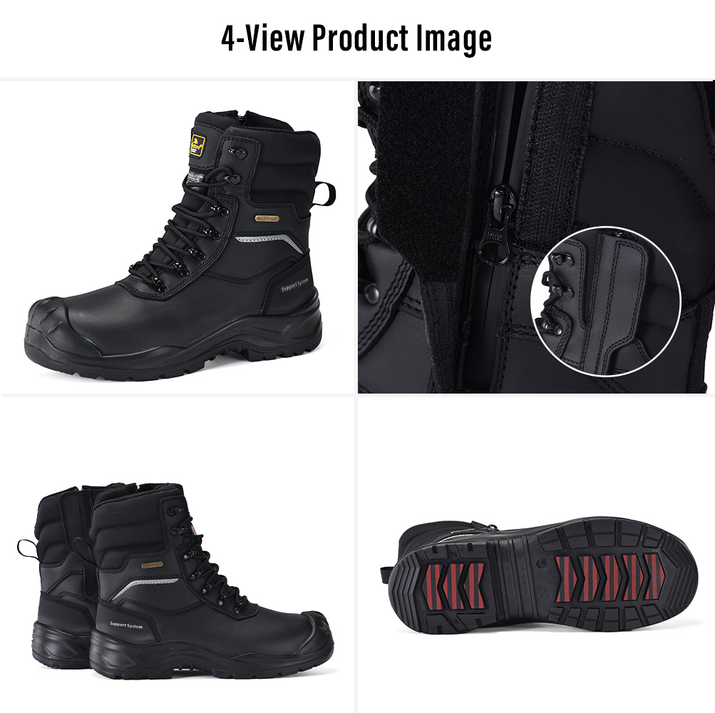 Safetoe H-9552 IceGrip Winter Safety Boots – Four Views Immagine in quattro viste degli stivali di sicurezza invernali Safetoe H-9552 IceGrip con vista laterale, cerniera laterale impermeabile, profilo posteriore e suola con impugnatura per ghiaccio
