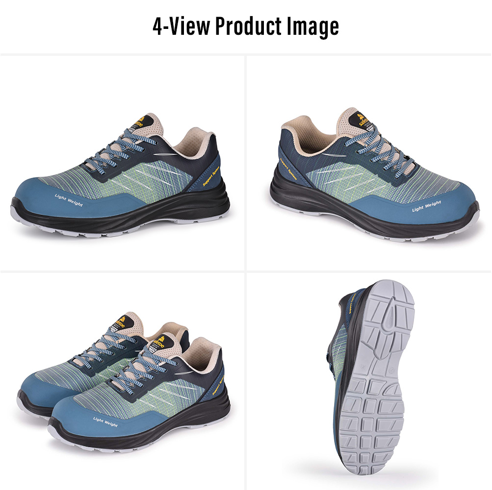 Low-Cut Safety Shoes Multi-View Display Viste multiple di scarpe antinfortunistiche basse e traspiranti con punta protettiva e suola antiscivolo