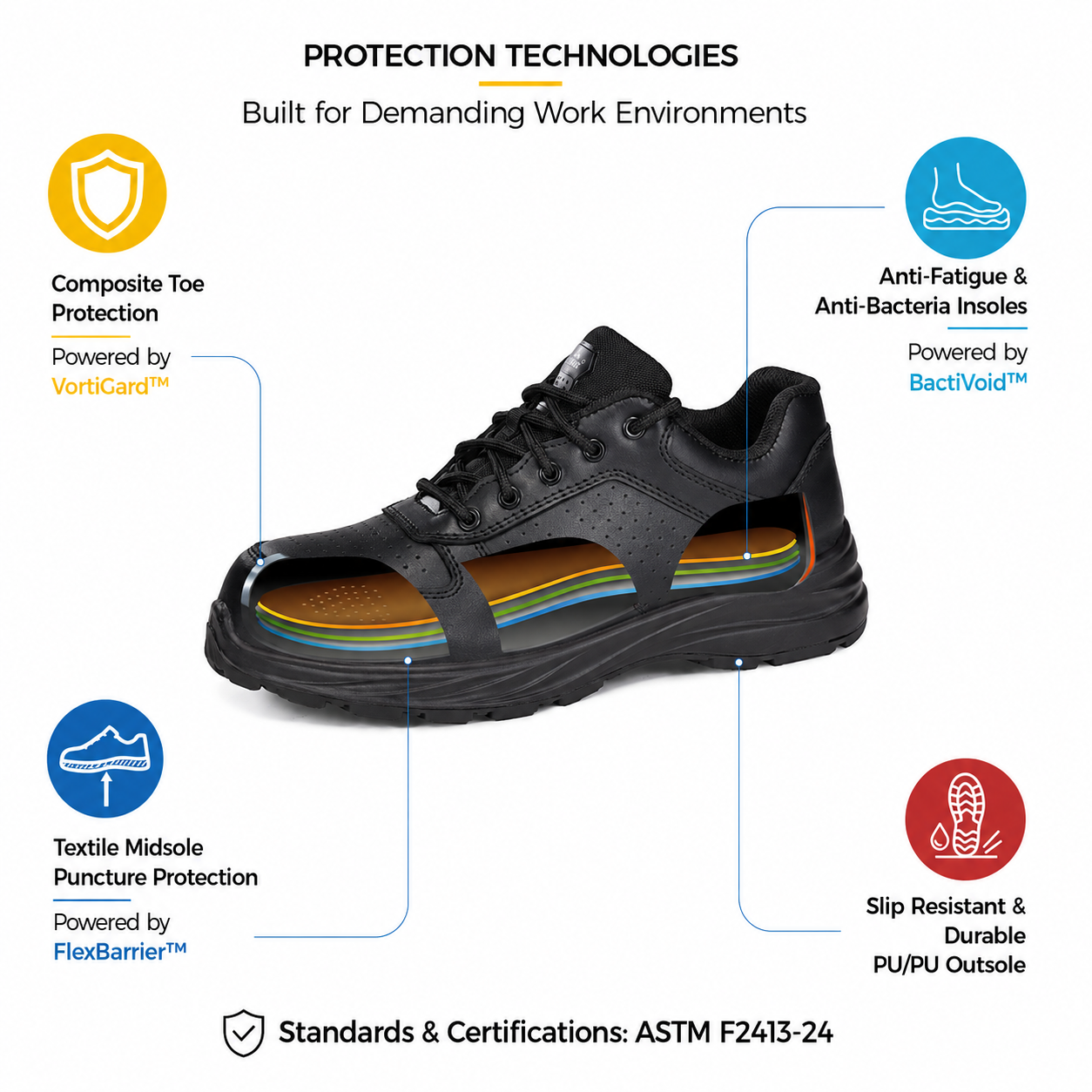 Safetoe L-7328 Safety Shoe Protection Technologies Tecnologie di protezione delle scarpe antinfortunistiche Safetoe L-7328 con punta composita, intersuola in tessuto resistente alla perforazione, soletta antibatterica e suola antiscivolo in PU/PU