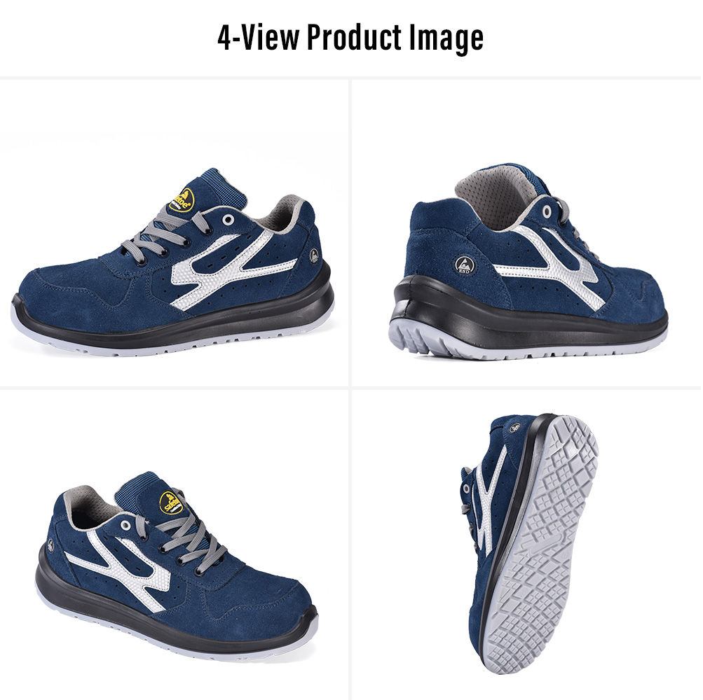 L-7328 Blue Metal-Free Safety Shoes Multi-View Display Viste multiple delle scarpe antinfortunistiche ESD blu L-7328 senza metallo con tomaia in pelle scamosciata di mucca