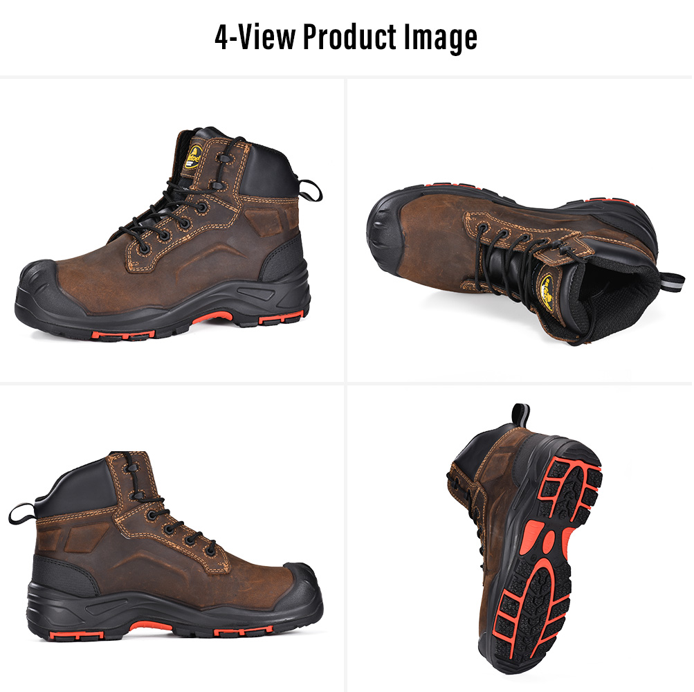 M-8552 Oil Gas Safety Boots Protection Technology Stivali di sicurezza per petrolio e gas M-8552 mostrati in quattro viste con tomaia in pelle robusta e suola antiscivolo