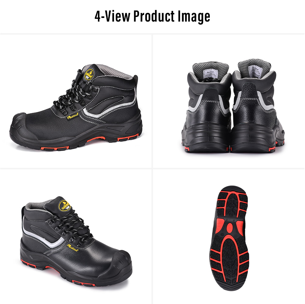M-8520PRST SiteShield Max Construction Safety Shoes Multi-View M-8520PRST SiteShield Max Scarpe antinfortunistiche per l'edilizia industriale in pelle di mucca nera Multi-vista