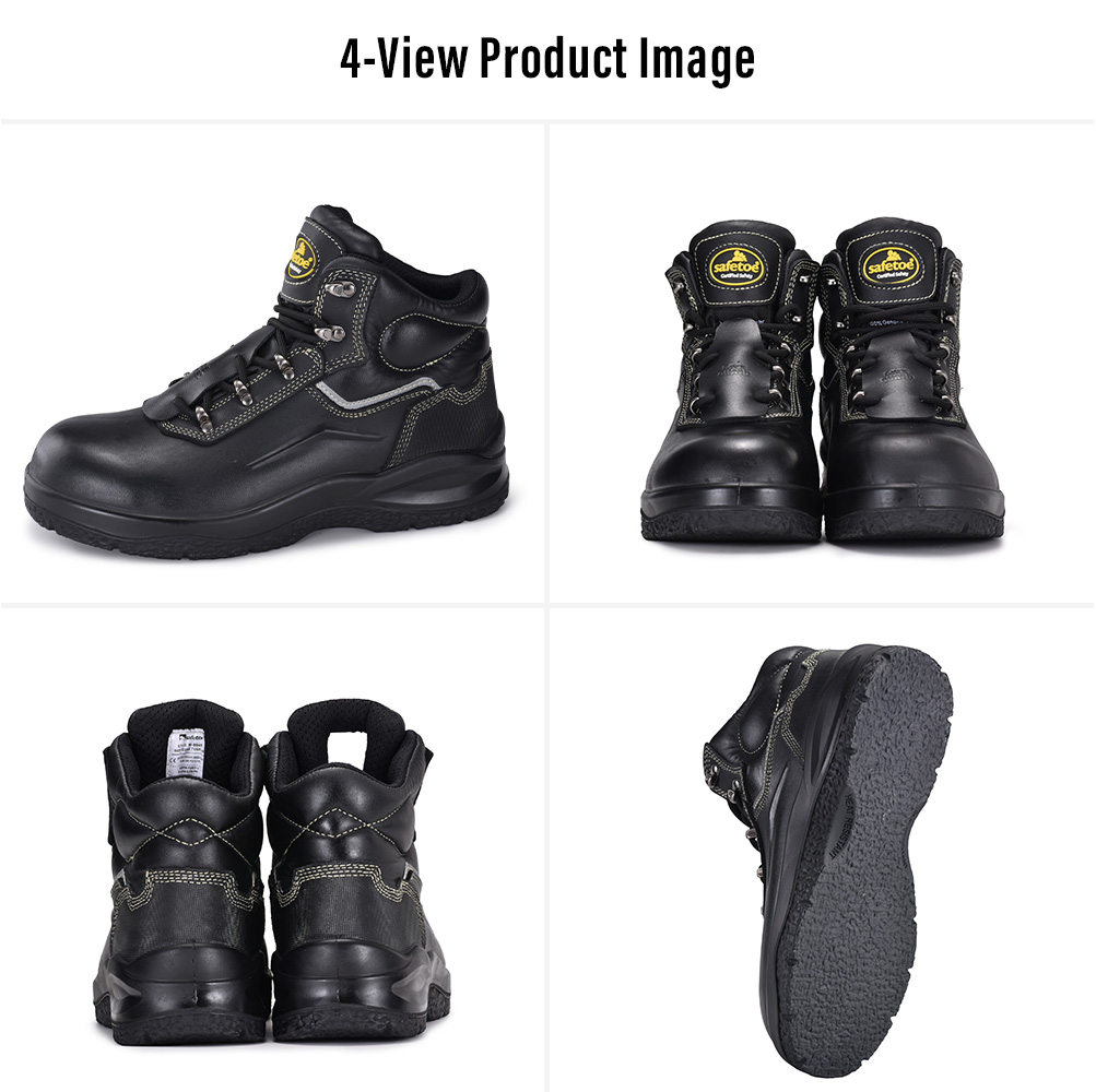 M-8565PV Asphalt Paving Safety Boots – Four Views Quattro viste degli stivali di sicurezza per pavimentazione su asfalto Safetoe M-8565PV in pelle nera con suola piatta e resistente al calore