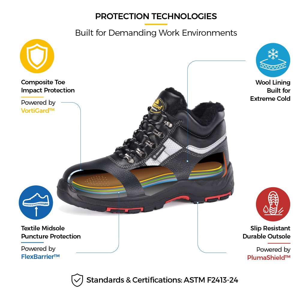 Safetoe M-8027 IceShield Winter Safety Boot Technologies Stivale di sicurezza invernale Safetoe M-8027 IceShield con punta composita, intersuola in tessuto, fodera in lana e suola antiscivolo