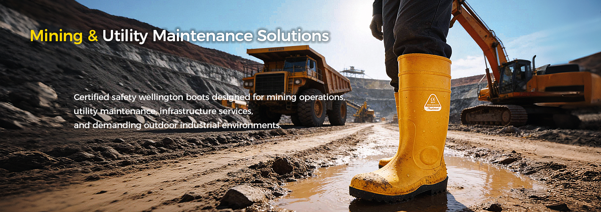 Safety Wellington Boots for Mining Operations Operaio minerario che indossa stivali Wellington di sicurezza in condizioni umide e accidentate