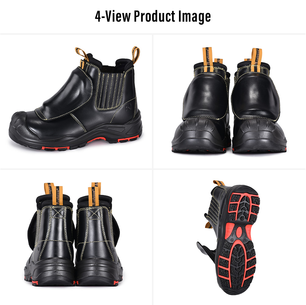 M-8025NBKMP Metal-Free Metatarsal Safety Boots Four Views Immagini in quattro viste di M-8025NBKMP stivali di sicurezza per metatarso neri senza metallo per lavori minerari e di saldatura