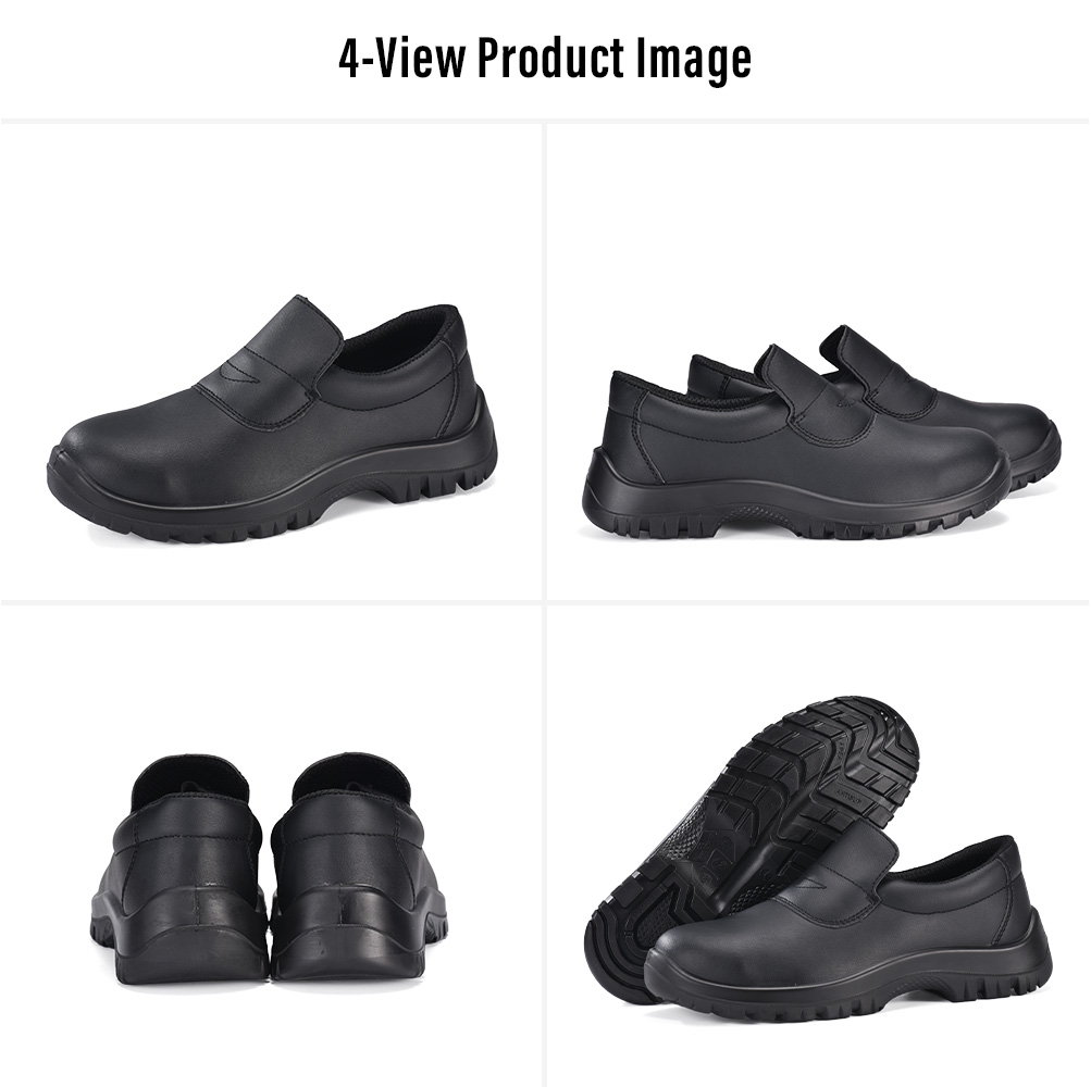 L-7019 Black Steel Toe Food Industry Safety Shoes – Four Views Quattro viste di Safetoe L-7019 scarpe antinfortunistiche nere per l'industria alimentare con punta in acciaio e suola in PU antiscivolo