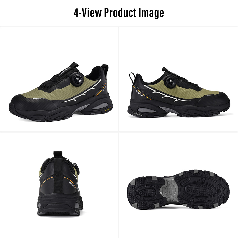 L-7601 Silver Safety Shoes Four-View Display Immagine del prodotto in quattro viste delle scarpe di sicurezza L-7601 argento QuickDial™ con punta in alluminio