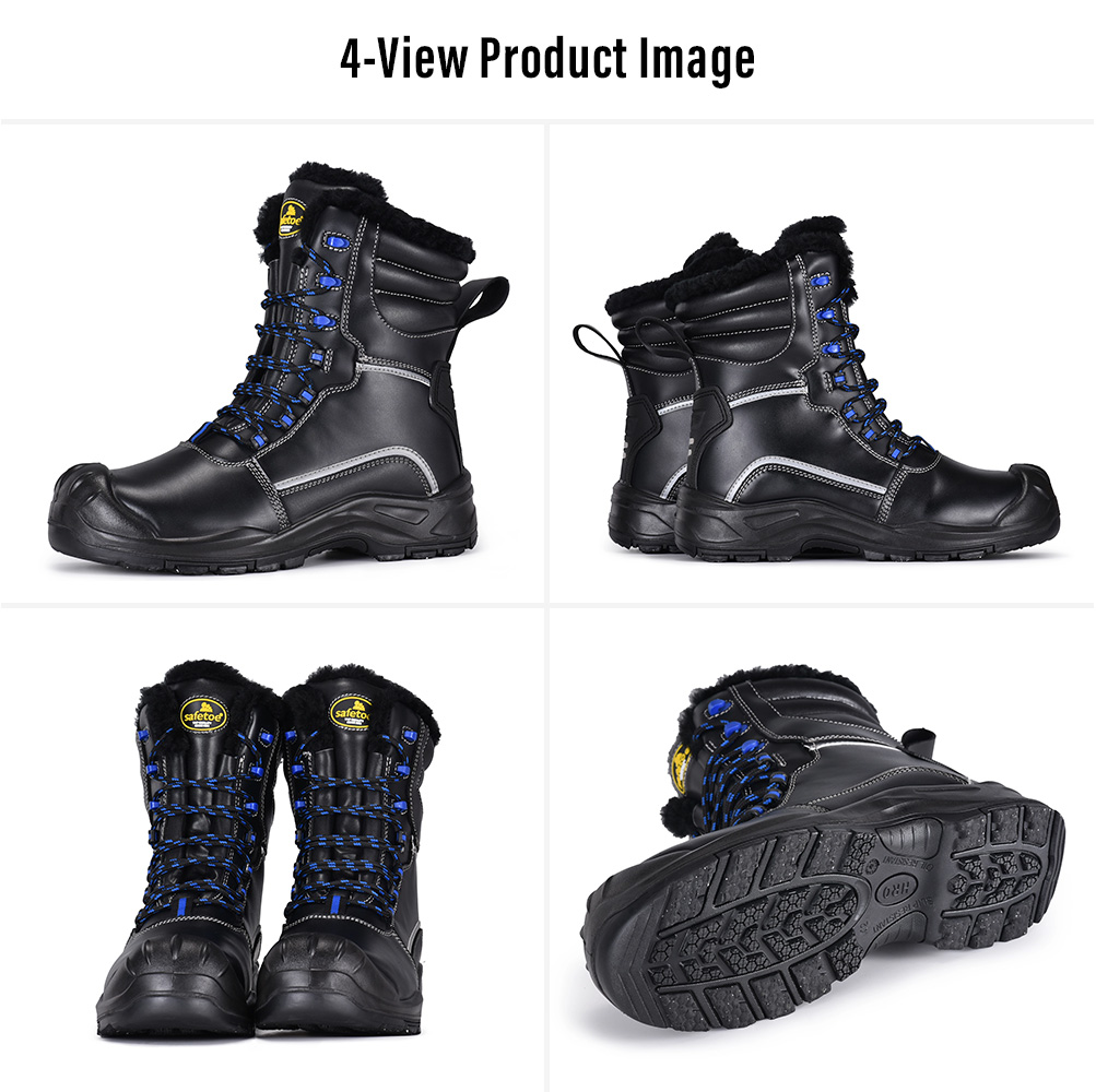 Safetoe H-9550 IceShield Pro Winter Safety Boots – Four Views Immagine in quattro viste degli stivali di sicurezza invernali isolati Safetoe H-9550 IceShield Pro che mostra le viste laterale, anteriore, posteriore e della suola con impugnatura per il ghiaccio