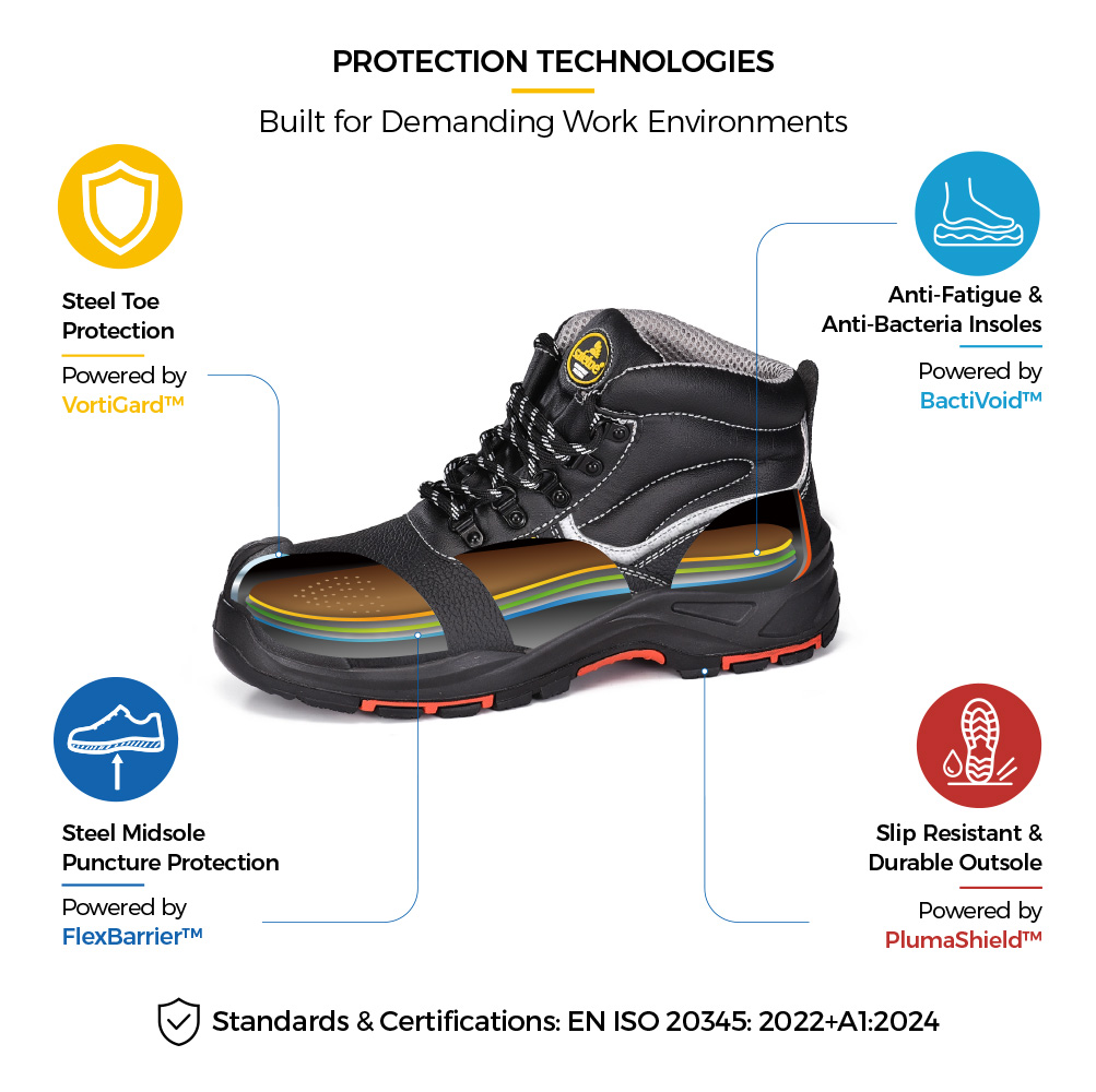 M-8520PRST SiteShield Max Safety Shoe Construction Details M-8520PRST SiteShield Max Scarpe antinfortunistiche per l'edilizia industriale in pelle di mucca nera con costruzione protettiva