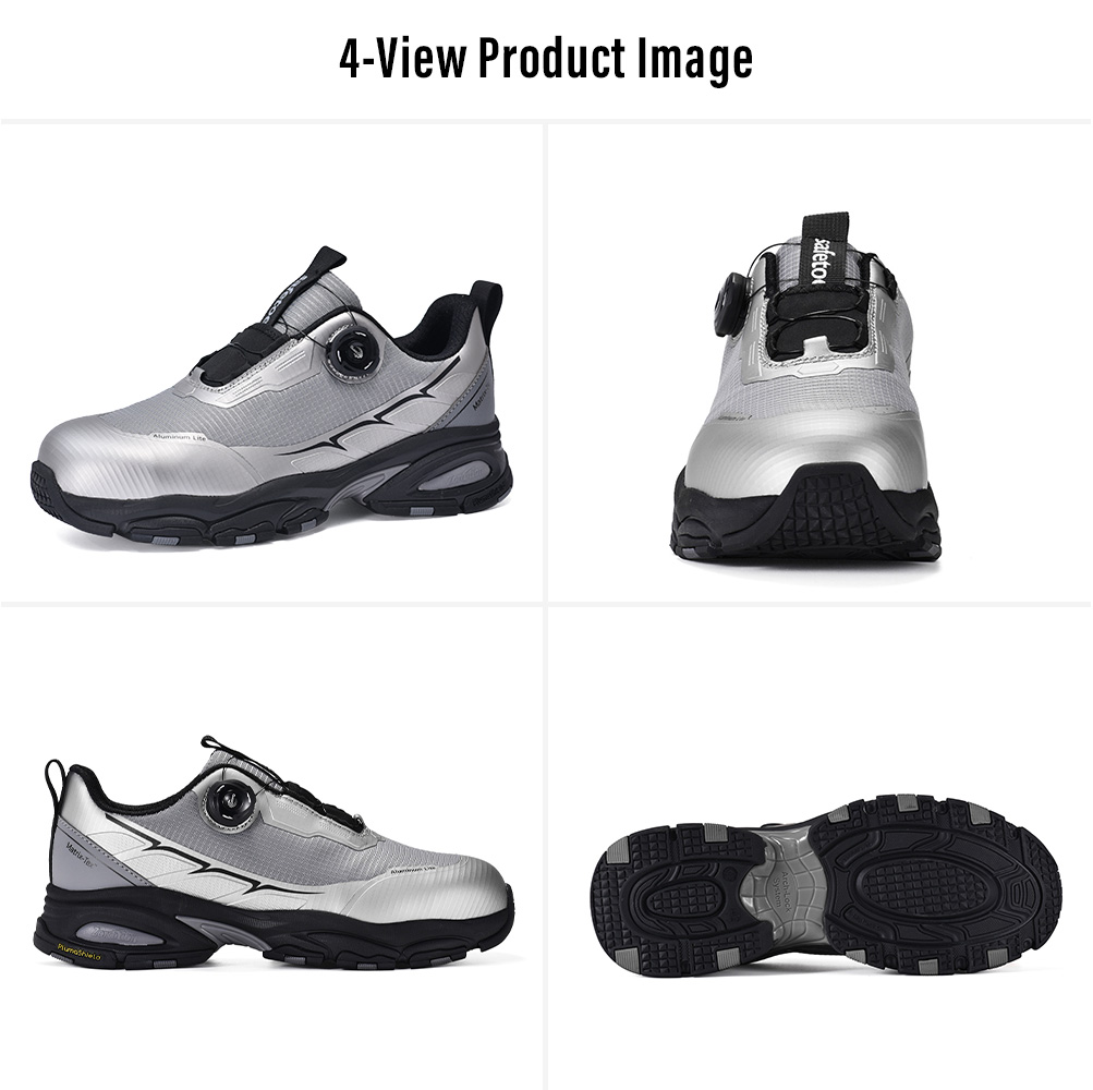 L-7601 Silver Safety Shoes Four-View Display Immagine del prodotto in quattro viste delle scarpe di sicurezza L-7601 argento QuickDial™ con punta in alluminio