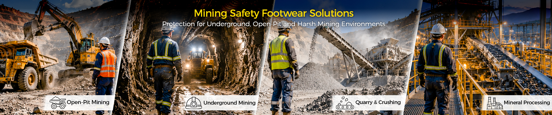 Safetoe Mining Safety Footwear Solutions for Underground and Open-Pit Operations Stivali di sicurezza minerari progettati per miniere sotterranee, operazioni minerarie a cielo aperto e ambienti minerari difficili