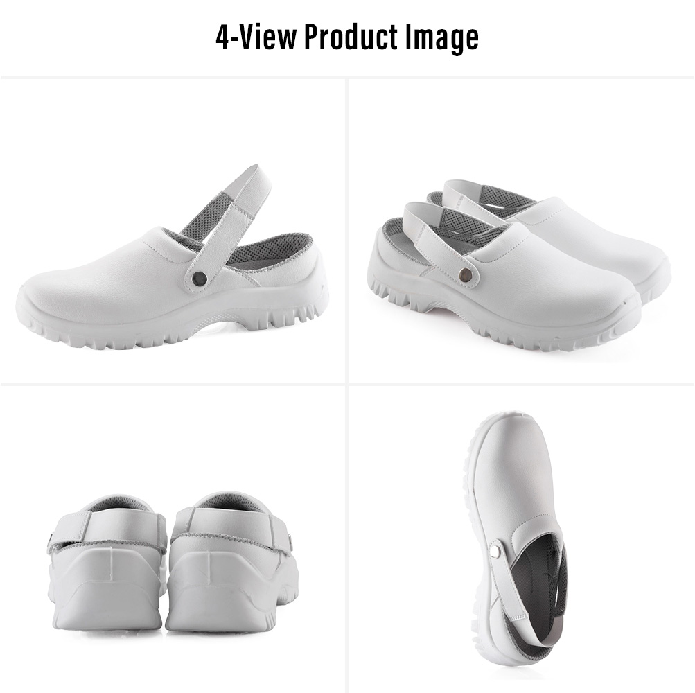 L-7096 White Steel Toe Kitchen Safety Shoes – Four Views Quattro viste di Safetoe Scarpe antinfortunistiche da cucina bianche L-7096 con punta in acciaio, cinturino regolabile sul tallone e suola in PU antiscivolo