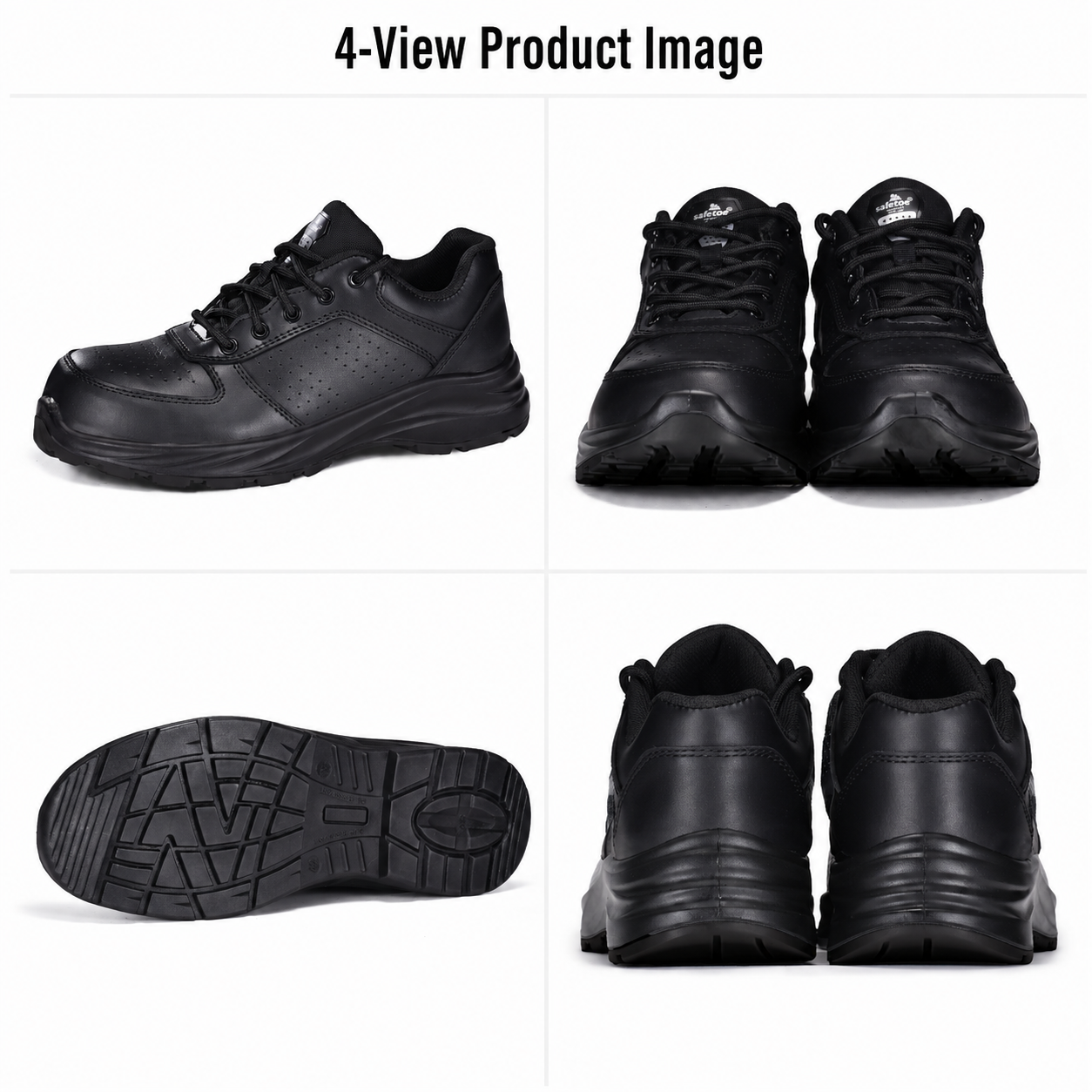 Safetoe L-7328 Engineer Safety Shoes – Four Views Immagine in quattro viste delle scarpe antinfortunistiche Safetoe L-7328 in pelle nera che mostrano lato, parte anteriore, posteriore e suola