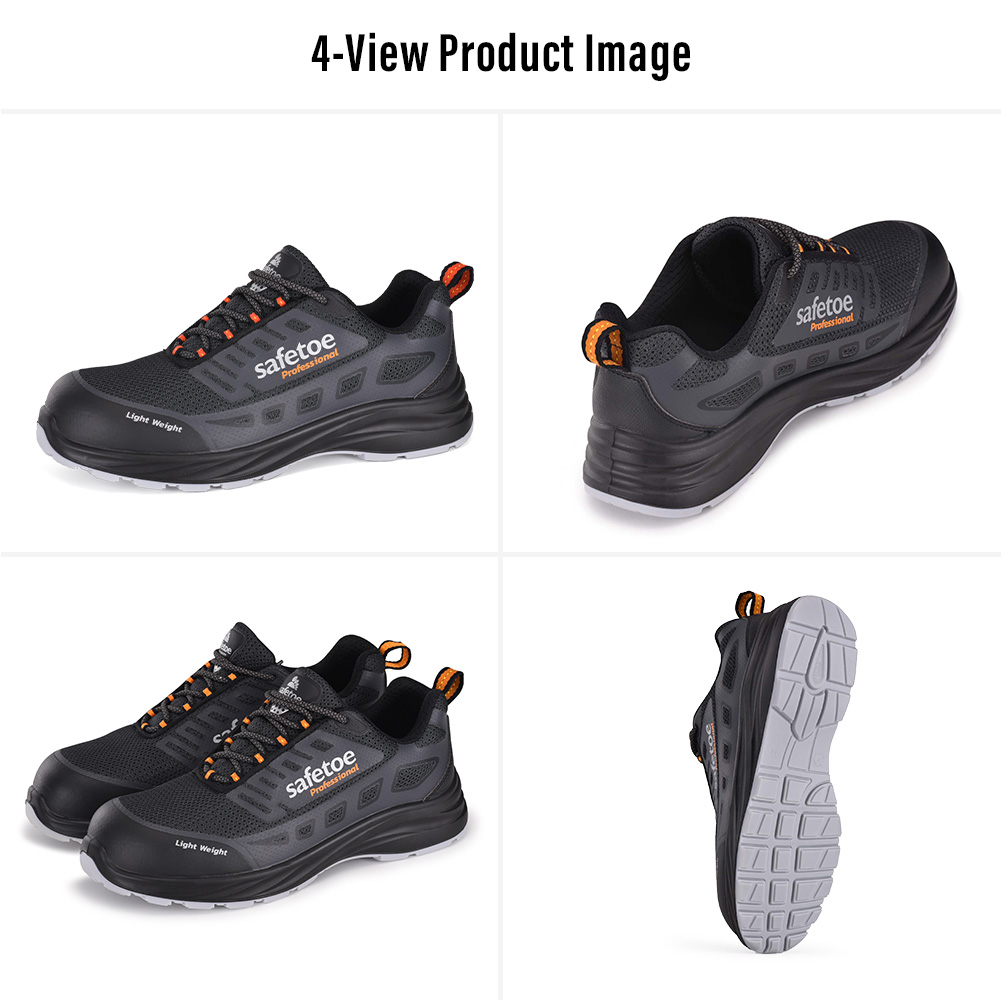 Low-Cut Safety Shoes Multi-View Display Viste multiple di scarpe antinfortunistiche basse e traspiranti con punta protettiva e suola antiscivolo