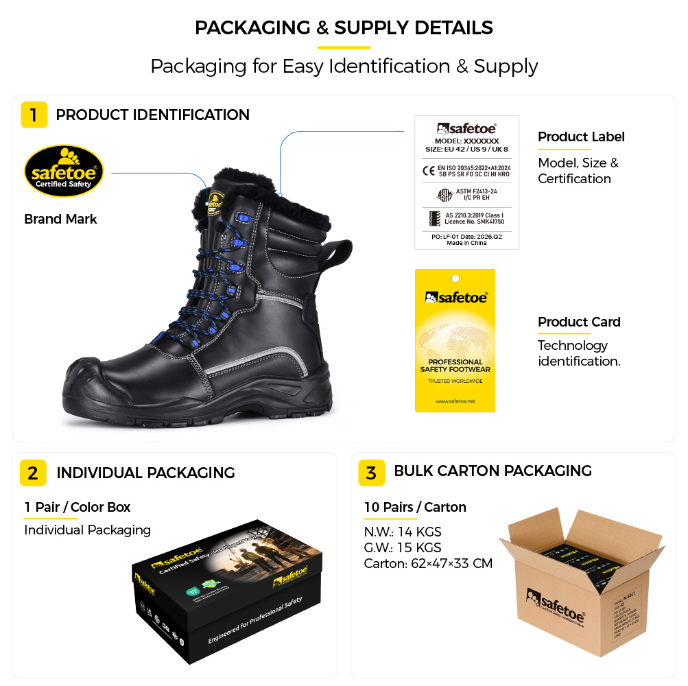 Safetoe H-9550 IceShield Pro Winter Safety Boots Packaging Details Dettagli dell'imballaggio degli stivali di sicurezza invernali Safetoe H-9550 IceShield Pro che mostrano l'etichetta del prodotto, la scatola di scarpe individuale e la fornitura di cartone sfuso