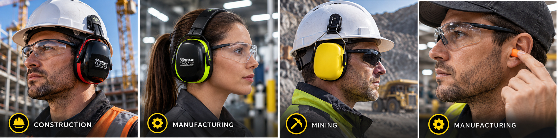 Industrial Hearing Protection – Earmuffs, Helmet-Mounted Earmuffs & Earplugs Protezione acustica industriale Safeyear con cuffie antirumore di sicurezza, cuffie antirumore montate su casco e tappi per le orecchie