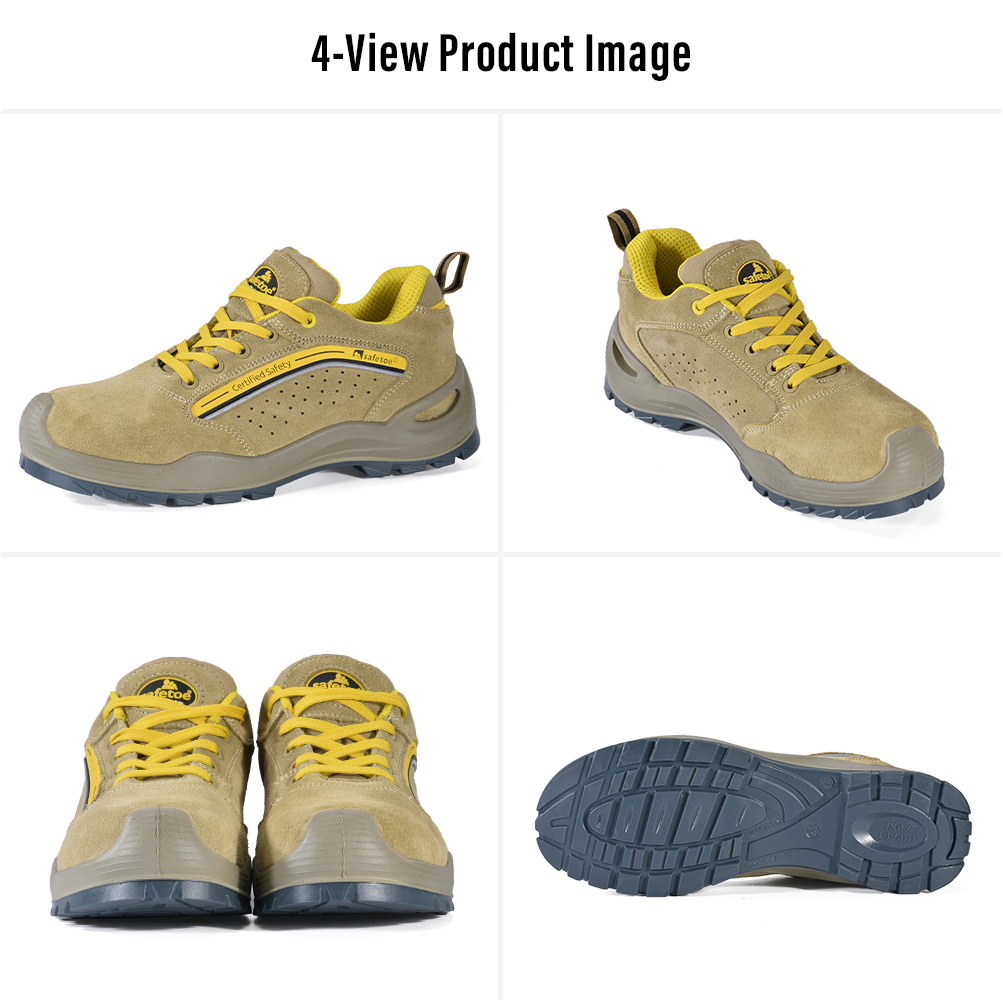 L-7296 Brown S1P Safety Shoes Four-View Display Immagine del prodotto in quattro viste delle scarpe antinfortunistiche S1P in pelle scamosciata marrone L-7296
