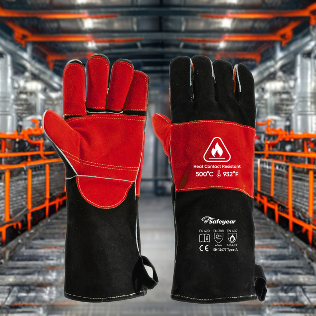  Guanti in pelle Guanti da saldatura resistenti al calore FL-1023 Nero e rosso