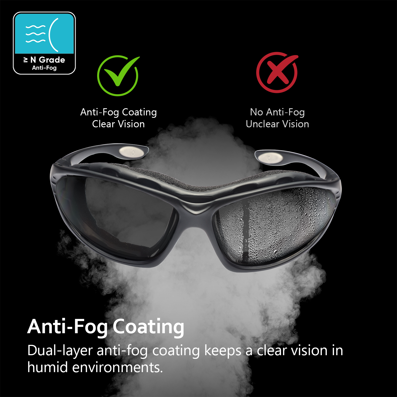 Occhiali di sicurezza antiappannamento ultra confortevoli con schiuma interna imbottita | ANSI Z87.1 e EN166 SG002 Nero