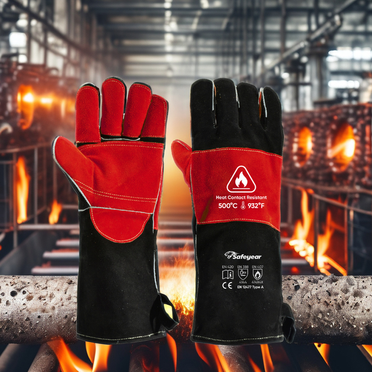  Guanti in pelle Guanti da saldatura resistenti al calore FL-1023 Nero e rosso