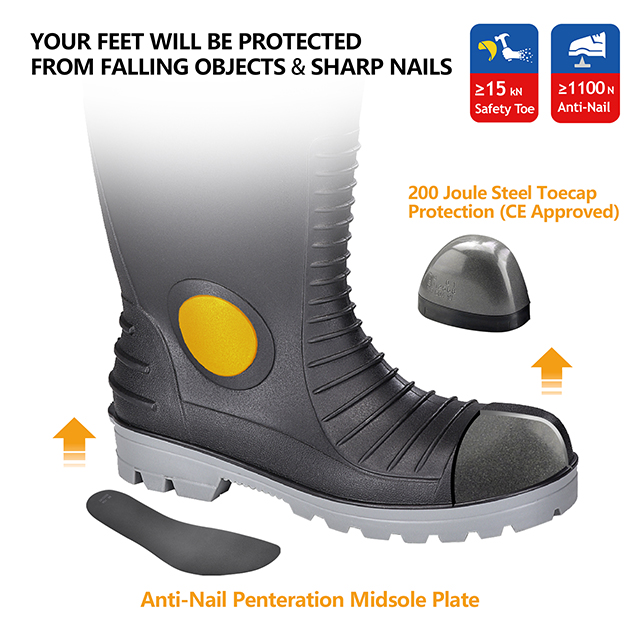 Stivali Wellington di sicurezza con punta in acciaio in PVC - Stivali da lavoro industriali impermeabili W-6055 Nero