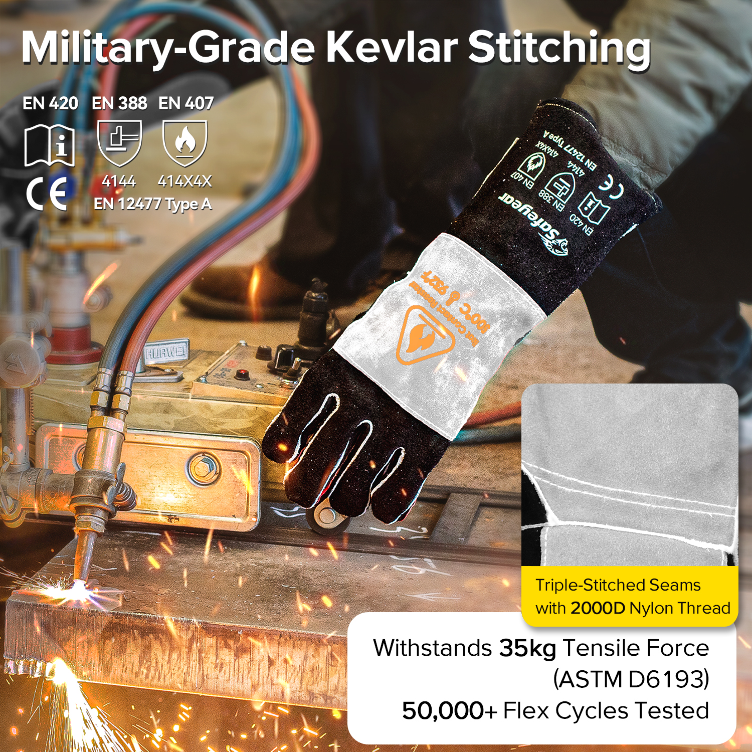 Guanti resistenti al calore per guanti da saldatura Pelle di vacchetta FL-1023 Nero e grigio