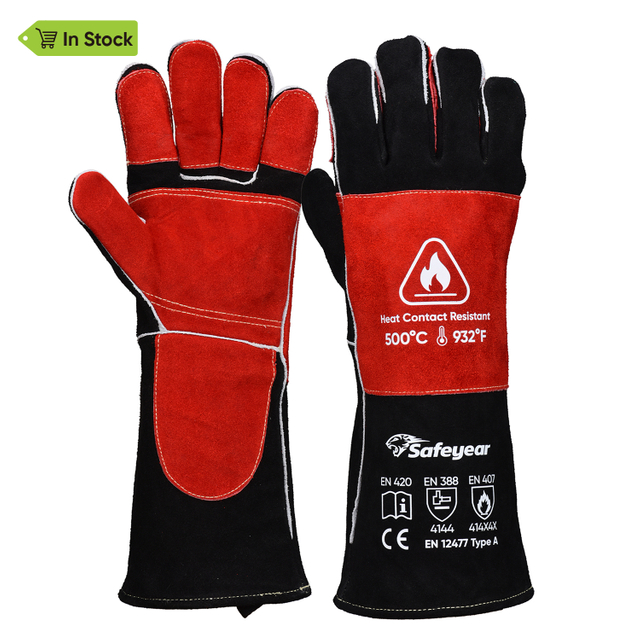  Guanti in pelle Guanti da saldatura resistenti al calore FL-1023 Nero e rosso