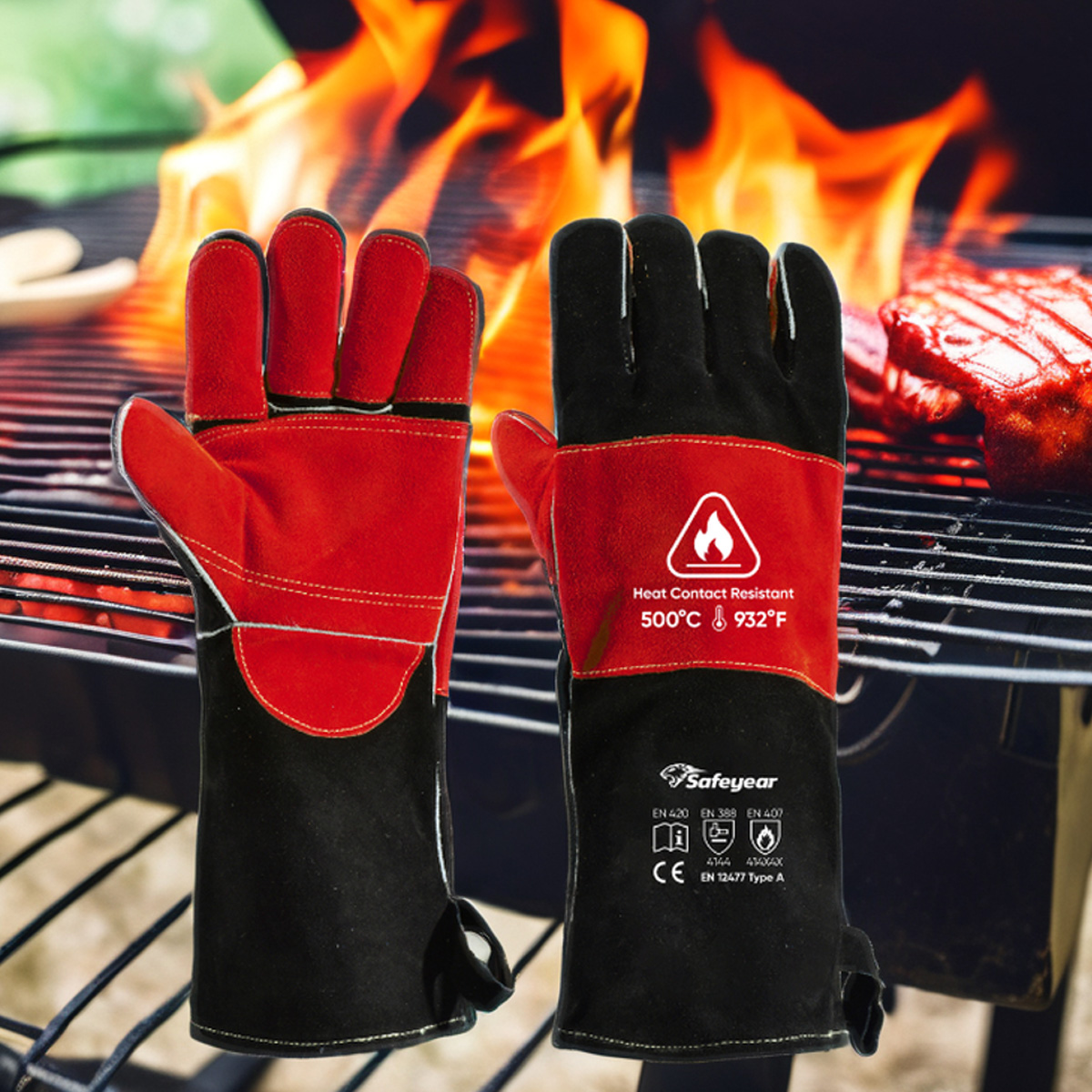  Guanti in pelle Guanti da saldatura resistenti al calore FL-1023 Nero e rosso