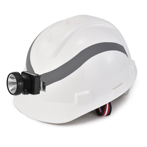 Casco di sicurezza per usi sotterranei con lampada frontale e strisce riflettenti