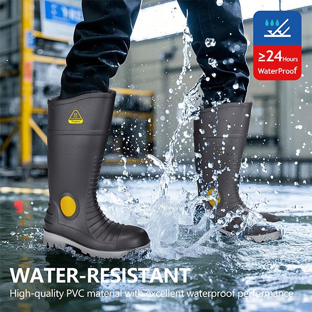 Stivali Wellington di sicurezza con punta in acciaio in PVC - Stivali da lavoro industriali impermeabili W-6055 Nero