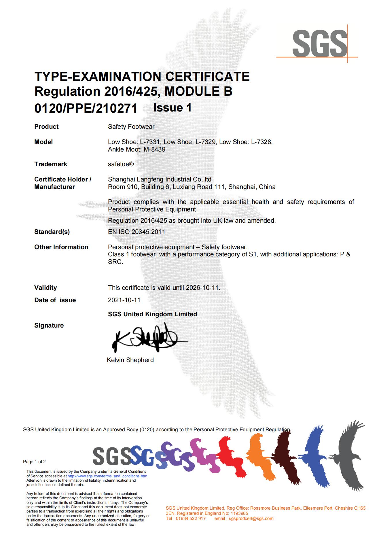 Safetoe L-7331 Certificato UKCA per scarpe antinfortunistiche