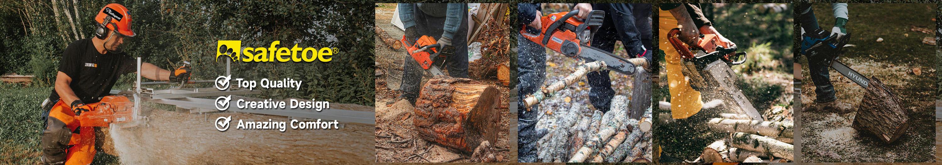 Stivali forestali e motoseghe in legno