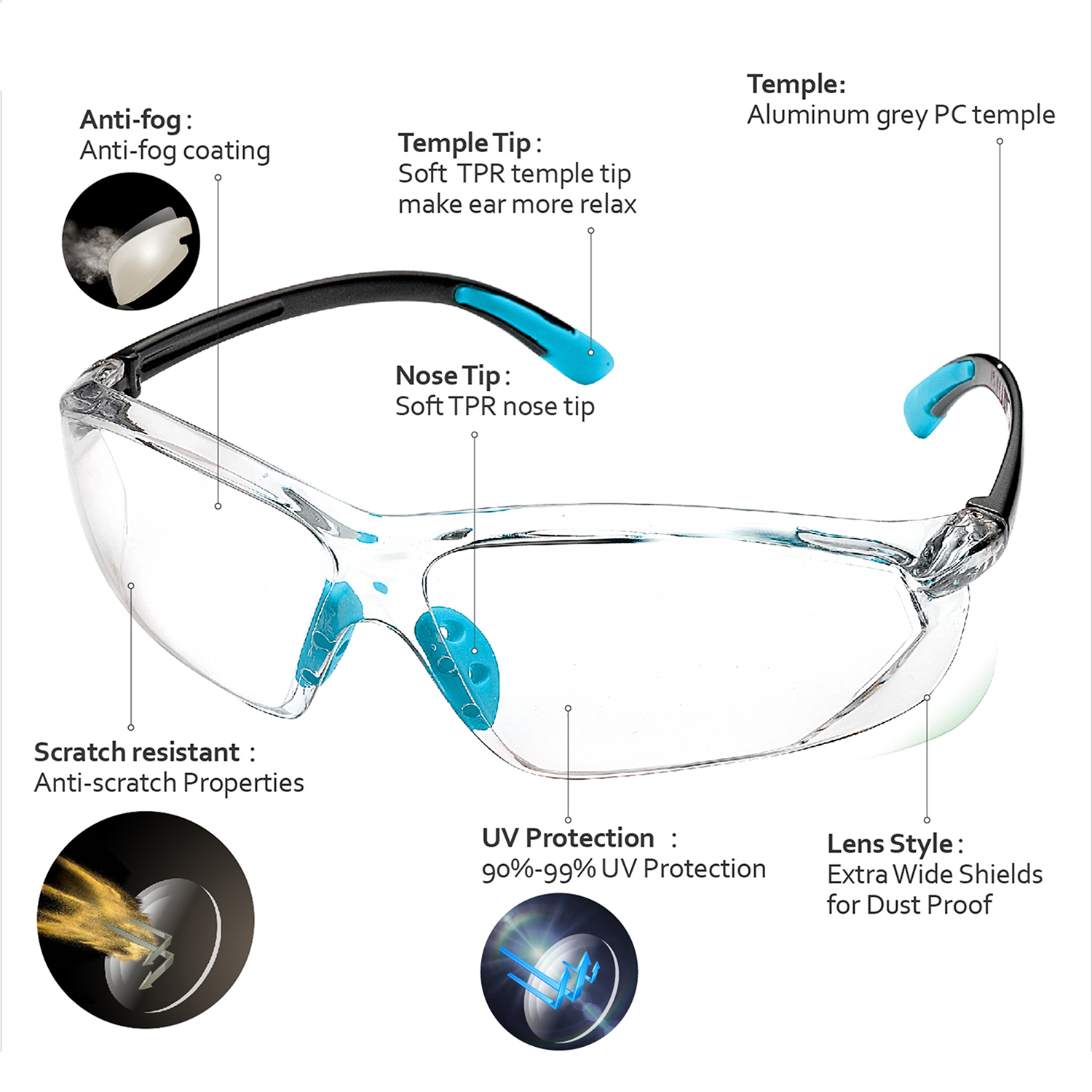 Occhiali di sicurezza CE EN166 UV400 Occhiali protettivi da lavoro SG003 Blu