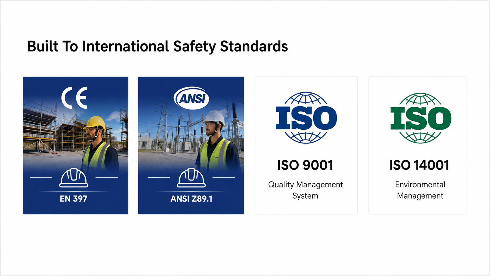 Standard sui caschi di sicurezza per l'edilizia tra cui EN 397, ANSI Z89.1, ISO 9001 e ISO 14001