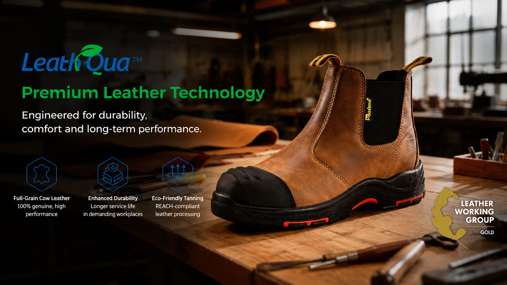 Stivale di sicurezza Chelsea in pelle marrone con tecnologia di pelle premium LeathQua in un laboratorio di calzature
