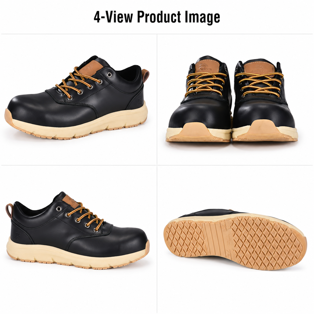 Immagine del prodotto in quattro viste di scarpe antinfortunistiche in pelle nera con punta composita e suola antiscivolo