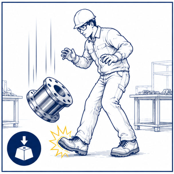 Componente in metallo pesante che cade verso il piede di un lavoratore, illustrando i rischi di impatto e la necessit&agrave; di puntali protettivi nei luoghi di lavoro per la lavorazione dei metalli
