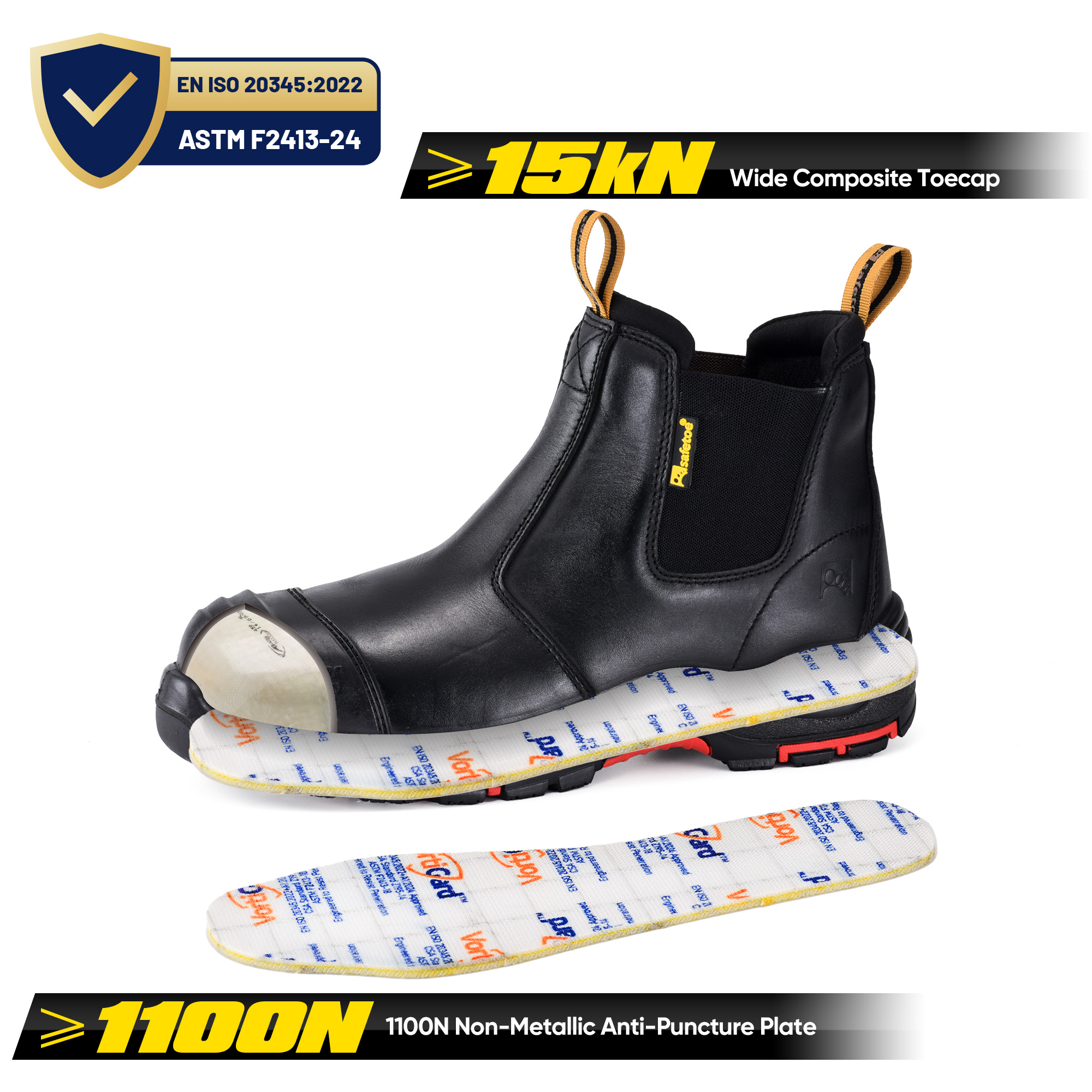 Stivali di sicurezza elettrici dielettrici Slip-On Chelsea (EH 18kV) certificati ASTM M-8025NB Nero InstaGuard Chelsea BK
