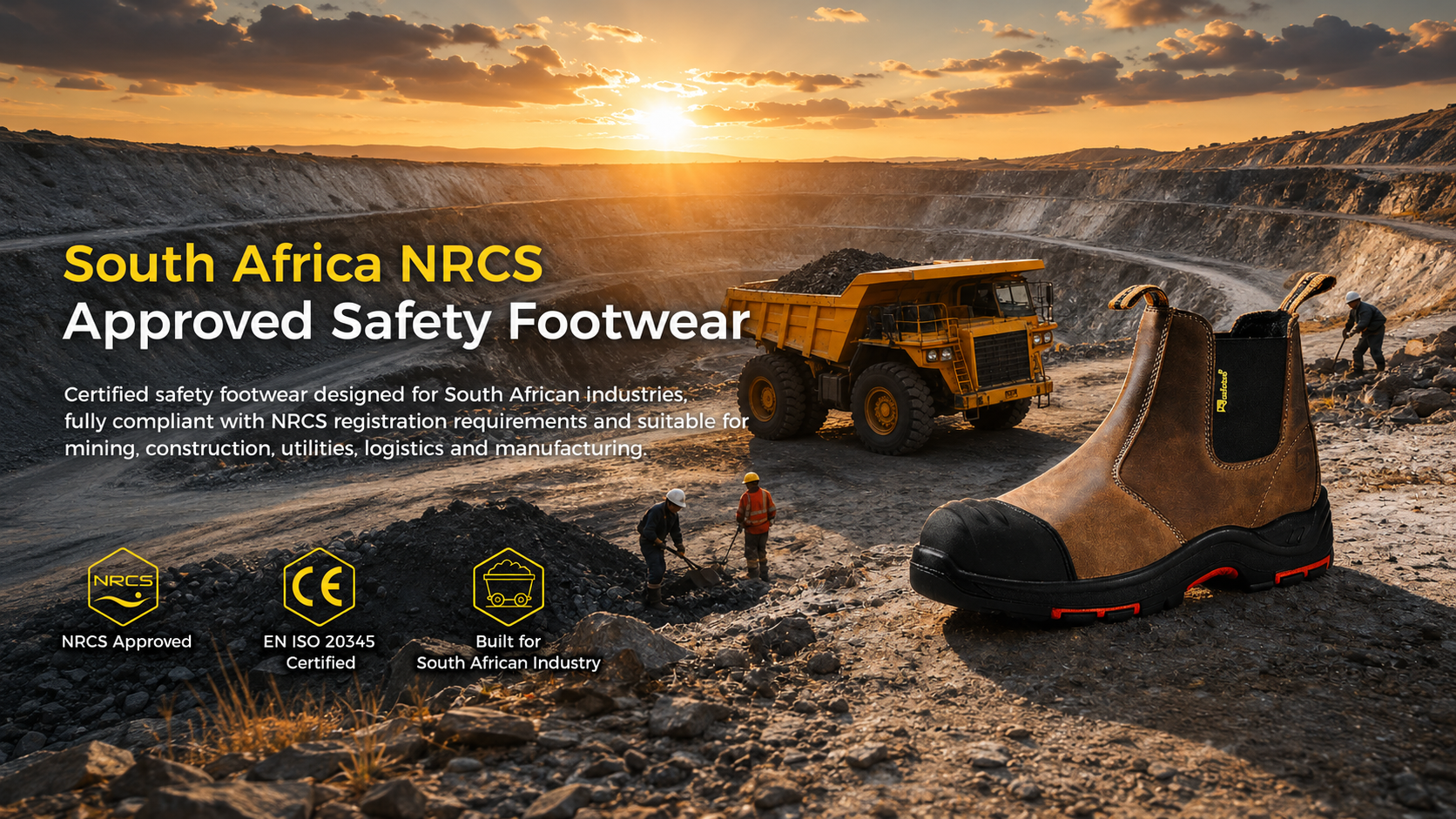 Stivale di sicurezza marrone esposto in una miniera a cielo aperto del Sud Africa, che promuove calzature di sicurezza approvate dall'NRCS per le industrie minerarie