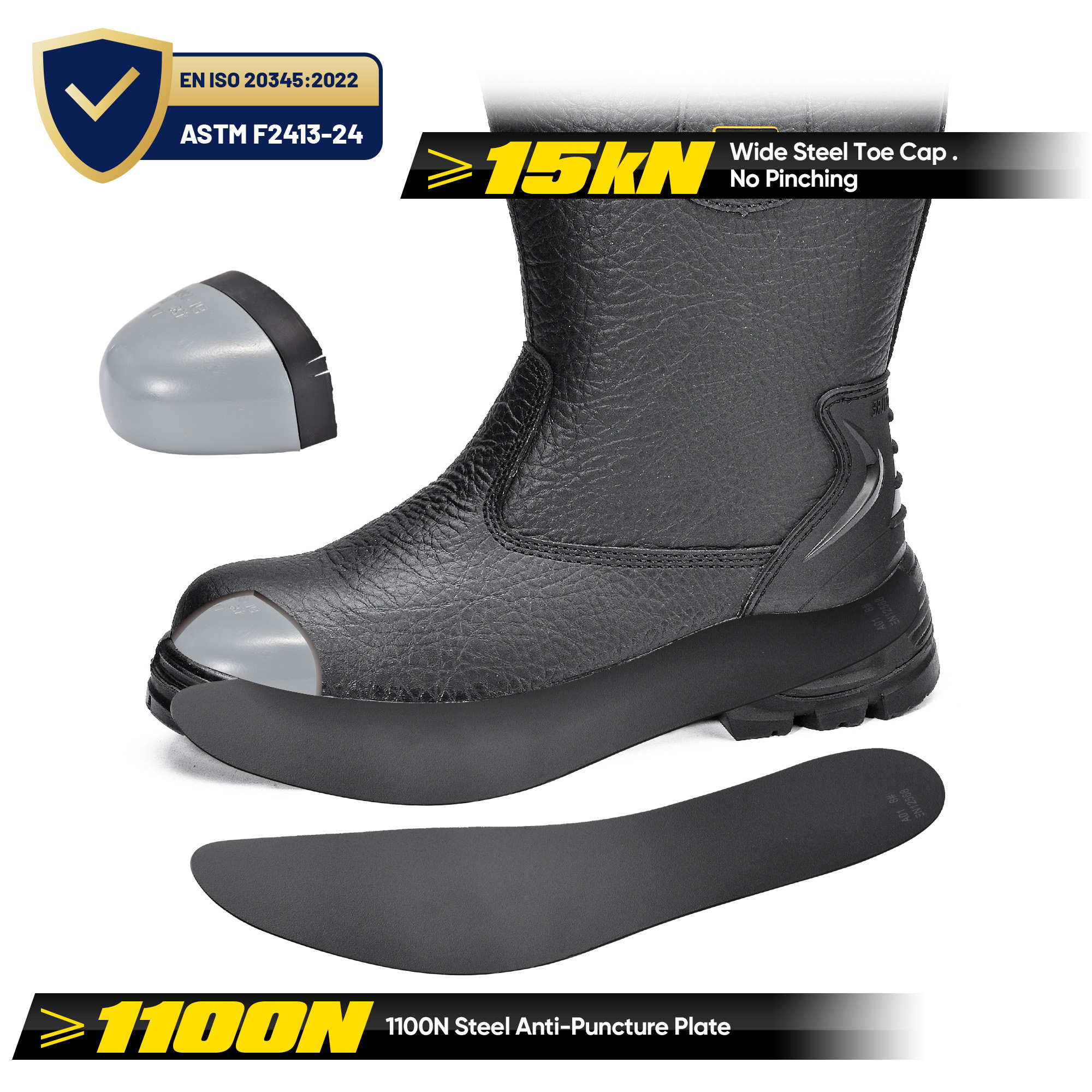 Stivali antinfortunistici Rigger in pelle nera con punta in acciaio | H-9430