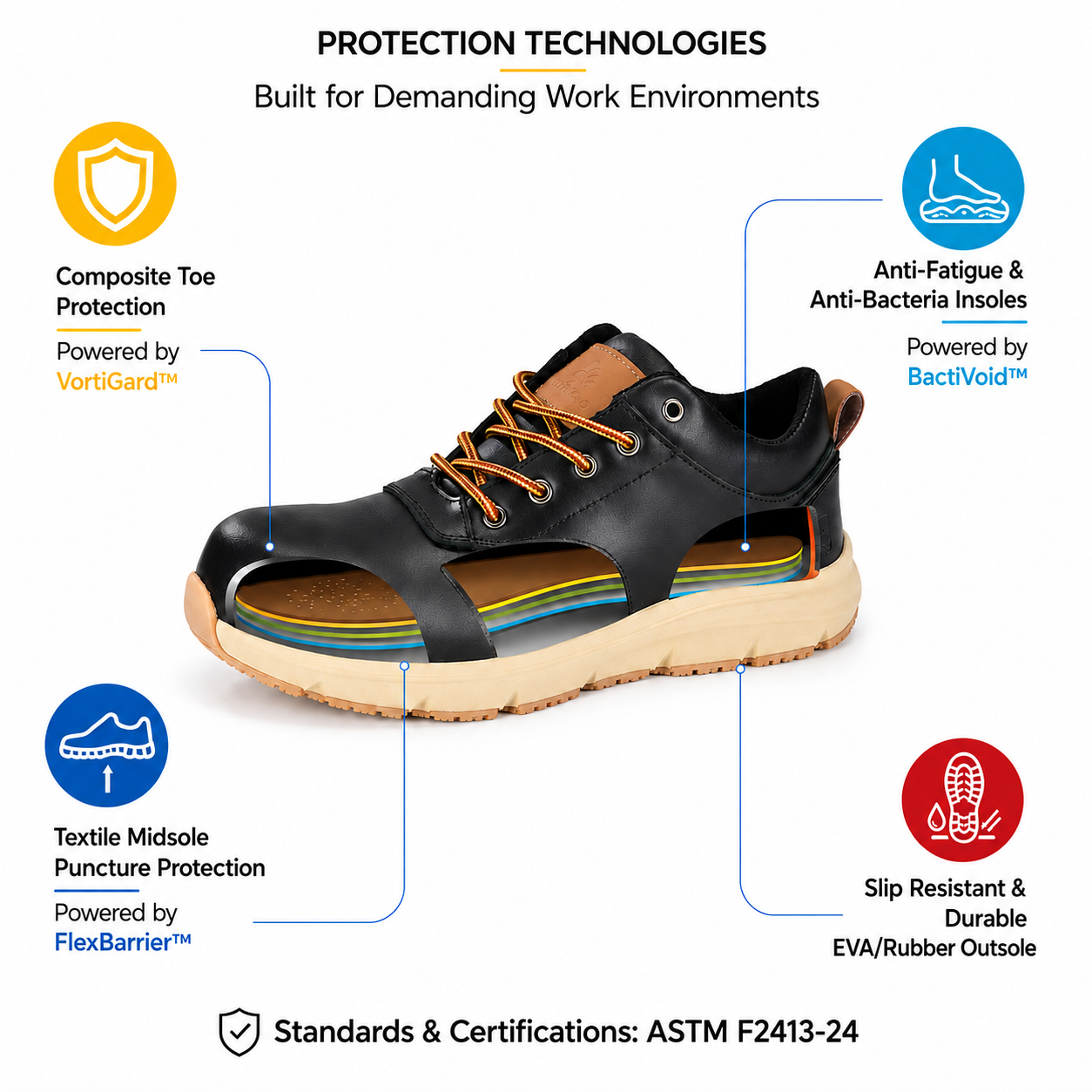 Tecnologie di protezione delle scarpe antinfortunistiche in pelle nera con punta composita, intersuola in tessuto, solette antifatica e suola in gomma PU 