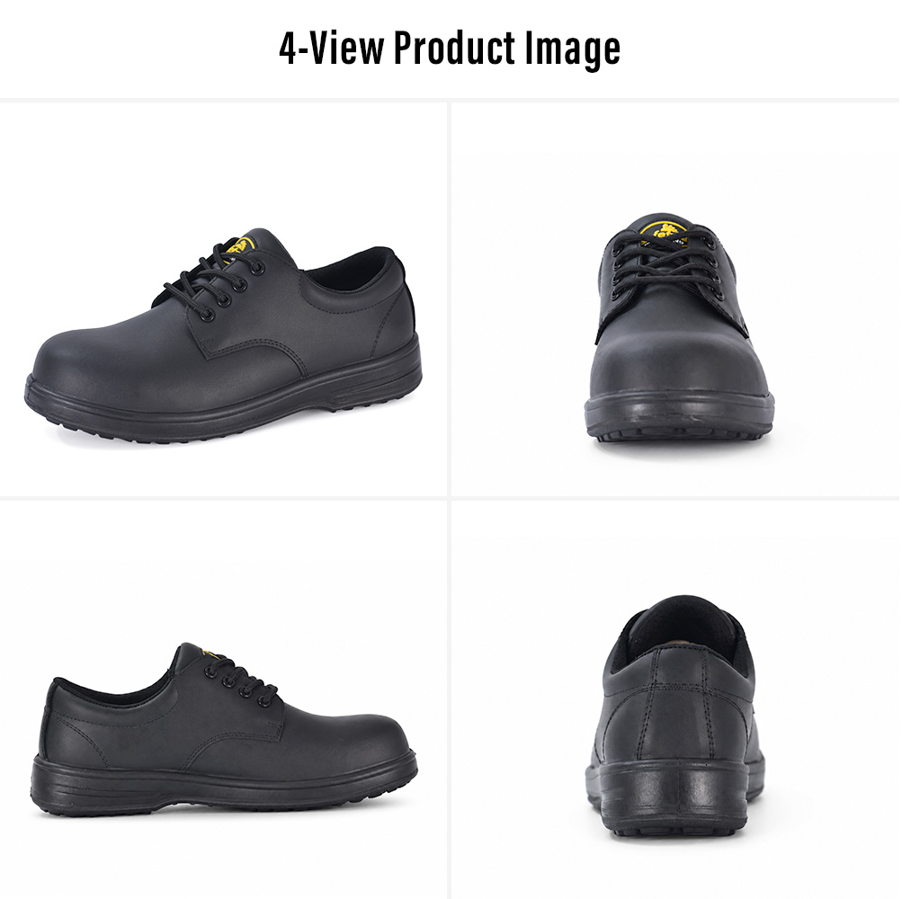 Immagine in quattro viste di scarpe da lavoro antinfortunistiche nere per ingegneri che mostra il design della scarpa da lavoro laterale, anteriore, posteriore e bassa 